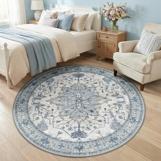 RELEANY Area Rugs Round 5ft Washable Non-Slip, Floral Vintage Distress by RELEANY