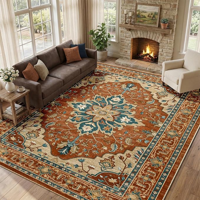 RELEANY Area Rugs Large 9'x12' Washable Non-Slip, Floral Vintage Distress - Image 3