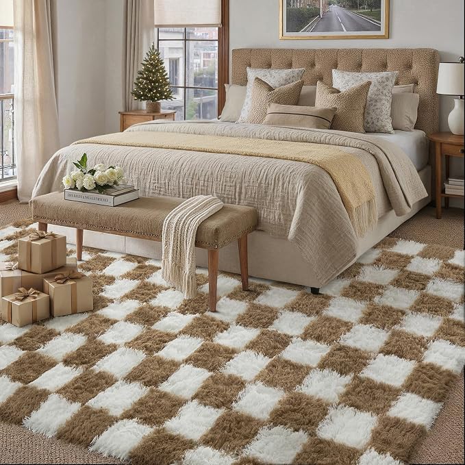 PureCozy 5x8 Area Rugs for Living Room Brown Soft Shag Checkered Large Rug - Image 5