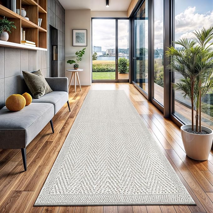 CAMILSON Indoor and Outdoor Runner Rug Off-White Herringbone Seagrass Boho by CAMILSONIndoorOutdoorAreaRugs