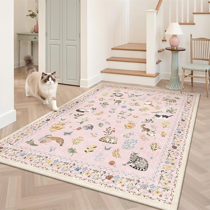 Soalmost Cat 4x6 Area Rugs for Baby Girl Nursery, Machine Washable Animal by Soalmost