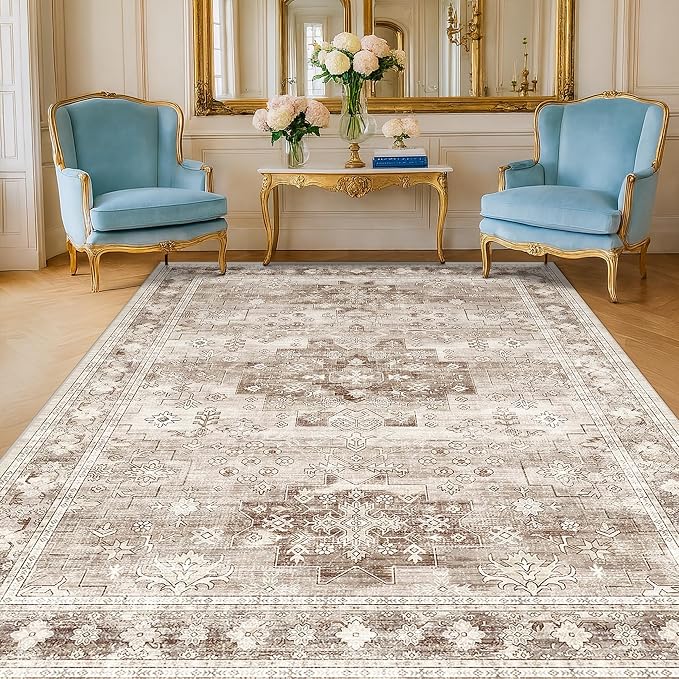 Washable Neutral Farmhouse Living Room Rug, 6x9 Area Rugs by HazoHaus