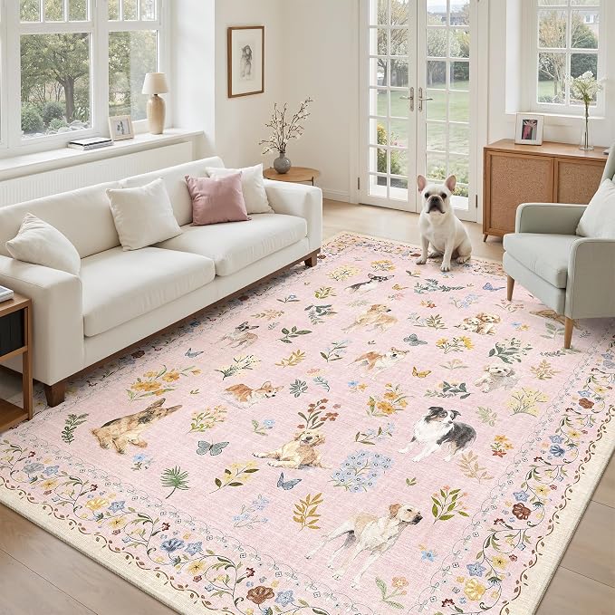 Soalmost Dog 6x9 Area Rugs for Living Room, Machine Washable Animal Floral - Image 2