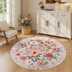 DUKINO Floral Round Rug, 4ft Washable Round Area Rug, Non Slip Indoor Low Pile by DUKINO