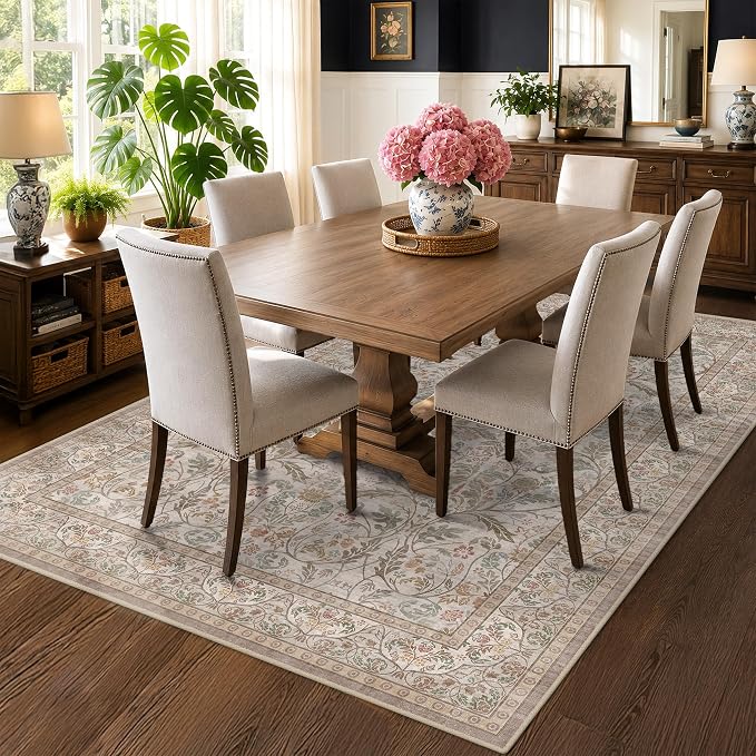 Vintage Floral 5x8 Dining Room Rug, Machine Washable Moss Green Living Room by Evyhood