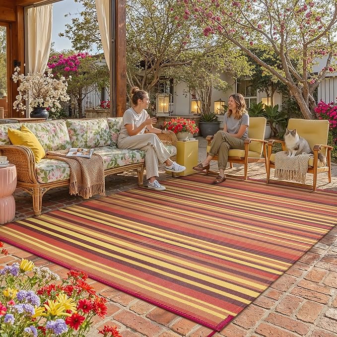 Outdoor Plastic Straw Rug Waterproof Patio 9x12 Red Orange Stripe Mat by WondRg