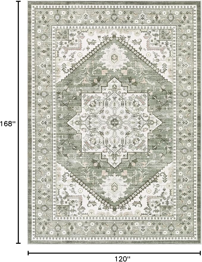 10x14 Vintage Area Rug: Washable Neutral Soft Non Slip Thin Large Floor Carpet - Image 2