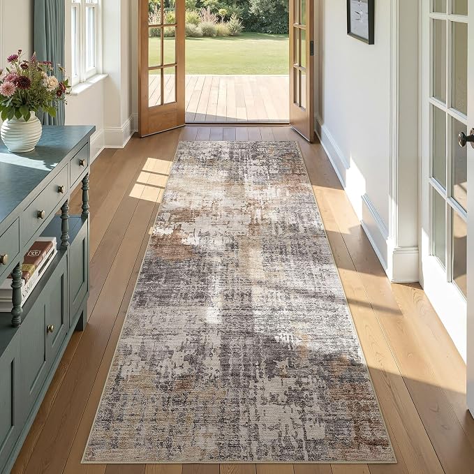 DMOYEST Washable Runner Rug for Hallway: 3x8 Neutral Modern Abstract Low Pile by DMOYEST