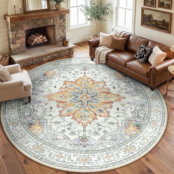 RELEANY Area Rugs Round 8ft Washable Non-Slip, Floral Vintage Distress by RELEANY