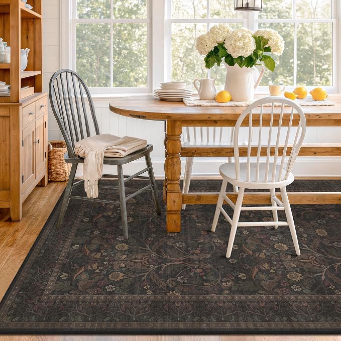 7x9 Area Rug for Dining Room, Machine Washable Dark Academia Flower Rugs by Evyhood