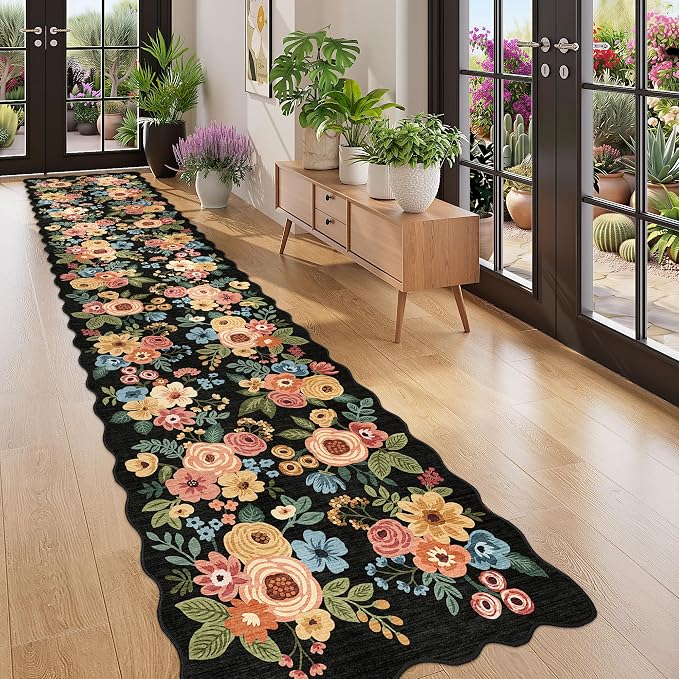 DUKINO 2.6x12 Runner Rug for Hallway, Non Slip Floral Washable Kitchen Rug by DUKINO