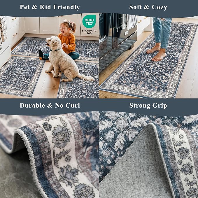 2x8ft Washable Non Slip Kitchen Rugs – Boho Floral Stain-Resistant Low-Pile - Image 5