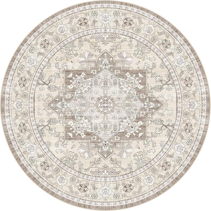 8ft Round Area Rug: Washable Vintage Neutral Soft Non Slip Thin Large Floor - Image 9