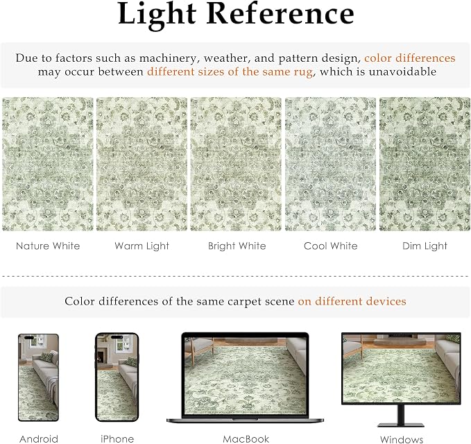 9x12 Neutral Area Rug Green Vintage Living Room Bedroom Washable Carpet - Image 9