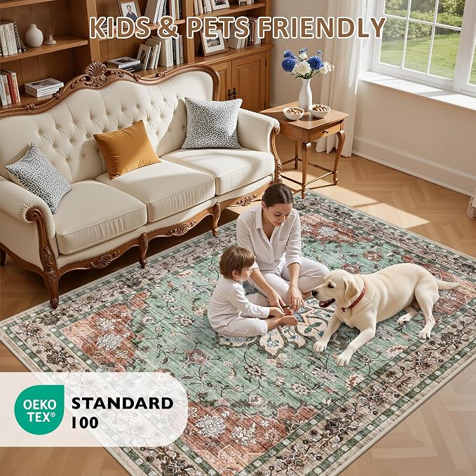 Area Rugs 9x12 Living Room Rug: Washable Rug Soft Vintage Distressed Floral - Image 9