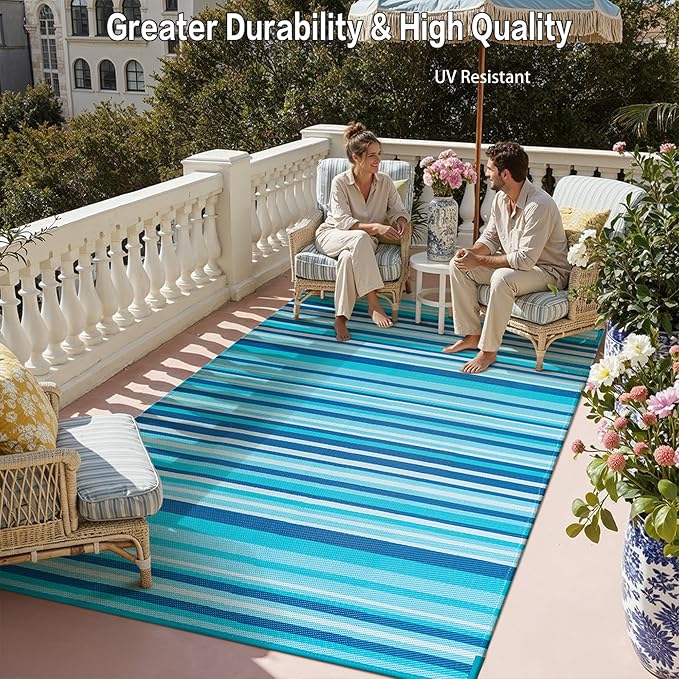 Outdoor Plastic Straw Rug Waterproof Patio 6x9 Blue Teal Stripe Mat - Image 5