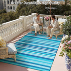 Outdoor Plastic Straw Rug Waterproof Patio 5x8 Blue Teal Stripe Mat - Image 5
