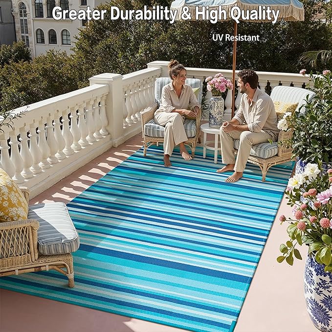 Outdoor Plastic Straw Rug Waterproof Patio 10x14 Blue Teal Stripe Mat - Image 5