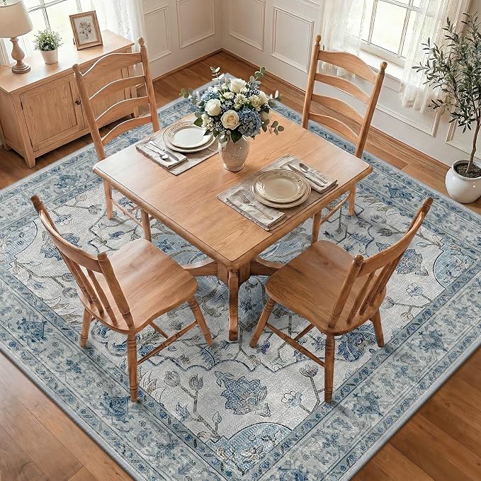 RELEANY Area Rugs Square 7ft Washable Non-Slip, Floral Vintage Distress by RELEANY