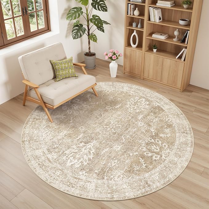 Madane Washable Round Rug 6ft for Living Room, Soft Ultra-Thin Non-Slip Vintage by Madane