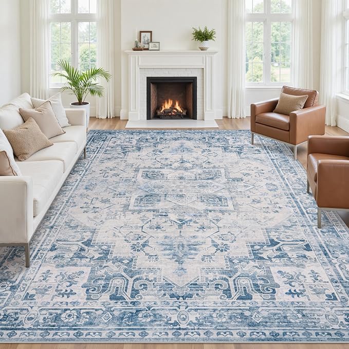8x10 Area Rugs for Living Room:Blue Washable Vintage Medallion Boho Rug - Image 3