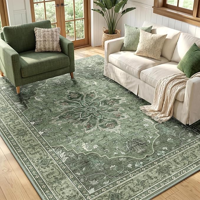 RELEANY Area Rugs 5'x7' Washable Non-Slip, Floral Vintage Distress Medallion by RELEANY