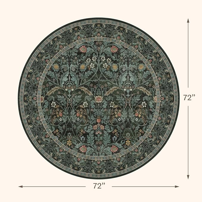 Dark Green 6ft Round Rugs for Living Room, Botanical Floral Washable Circle - Image 2