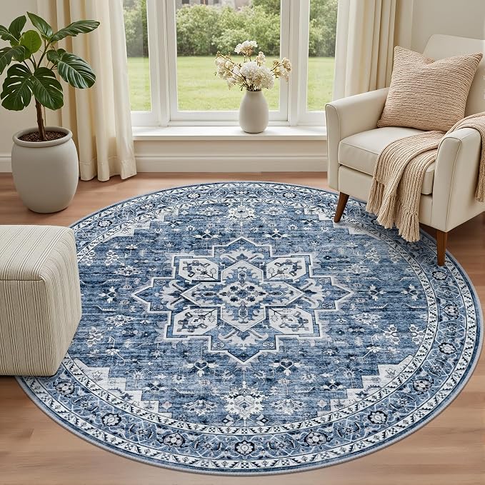 Round Area Rug for Living Room: 8 ft Washable Vintage Boho Soft Thin Circle Rug - Image 2