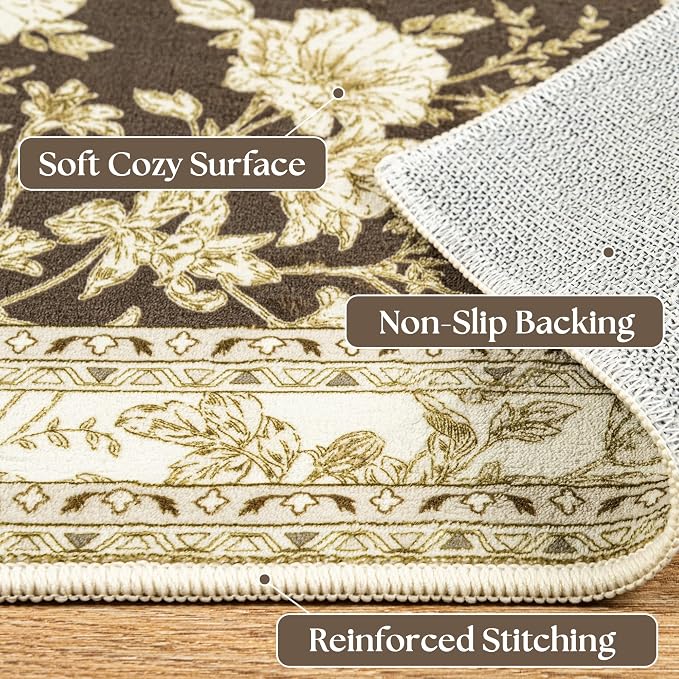 Brown Floral Print Area Rugs for Bedroom Living Room Boho Farmhouse Country - Image 3