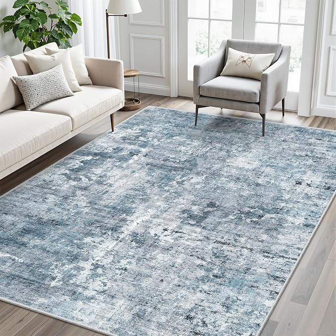 Soalmost 5x8 Area Rugs Blue/Grey Low Pile Indoor Washable Trendy Faded Style - Image 2