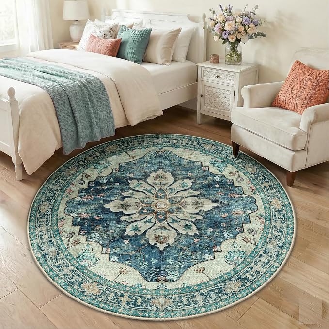 RELEANY Area Rugs Round 5ft Washable Non-Slip, Floral Vintage Distress by RELEANY