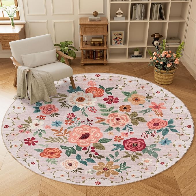 DUKINO Floral Round Rug, 6ft Washable Circle Rug, Non Slip Indoor Low Pile - Image 3