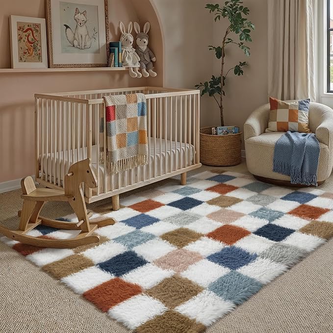 PureCozy Checkered Rug 3x5 for Living Room, Modern Rainbow Shag Rug Super Soft - Image 4