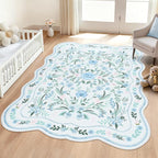 Blue Floral Area Rug 5x7, Washable Scalloped Boho Carpet by Dadasgk