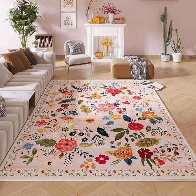 Rugcomf Living Room Rug 5x7 Rug Machine Washable Boho Area Rug Non Slip Floral by Rugcomf