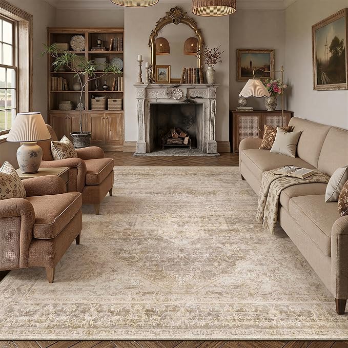 8x10 Washable Neutral Area Rug Beige Vintage Living Room Bedroom Carpet by WondRg