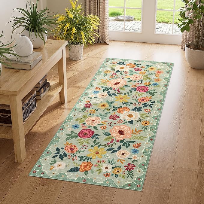 DUKINO 2x5 Runner Rug for Hallway, Washable Kitchen Floral Runner Rug by DUKINO