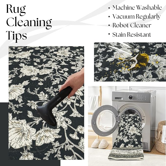 Black Floral Area Rugs 6x9 Living Room, Vintage Modern Farmhouse Boho Indoor - Image 4
