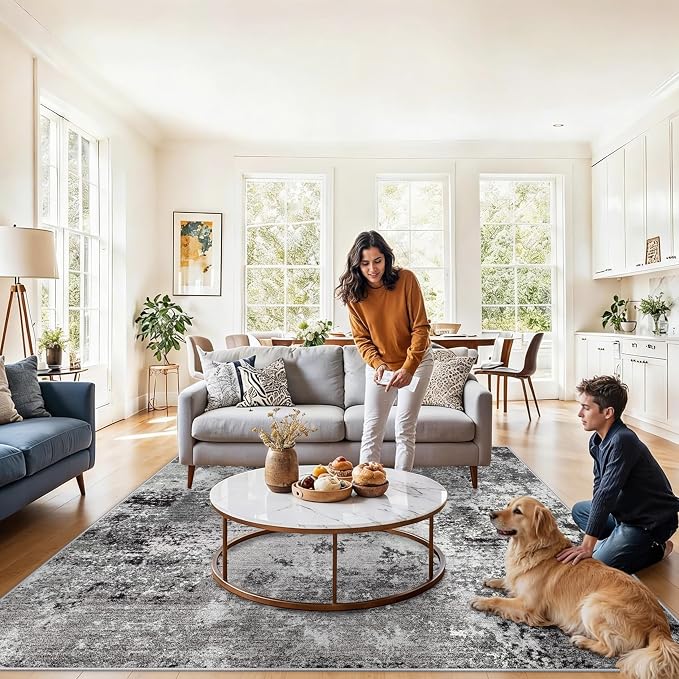 8x8 Square Living Room Area Rug – Washable Modern Neutral Abstract Indoor Rug - Image 3