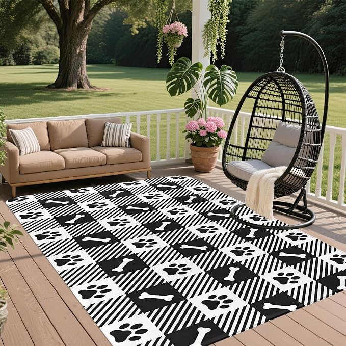 Area Rugs Paw Bone Plaid Modern Neutral Large Living Room Carpet Checkered Dog - Image 6