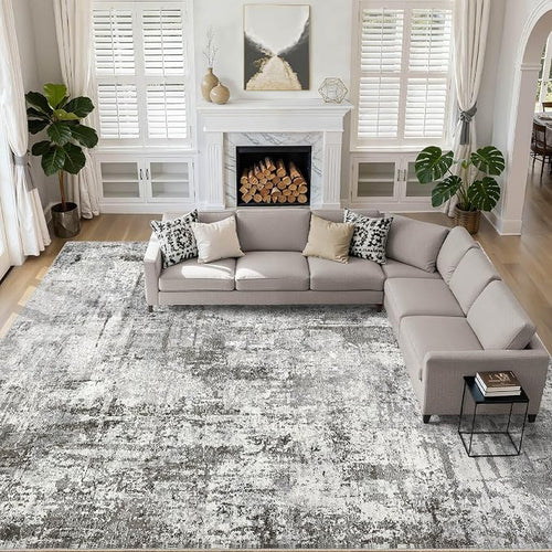 10x14 Area Rugs Living Room: Washable Large Abstract Neutral Modern Soft Gray by LOONGRUG