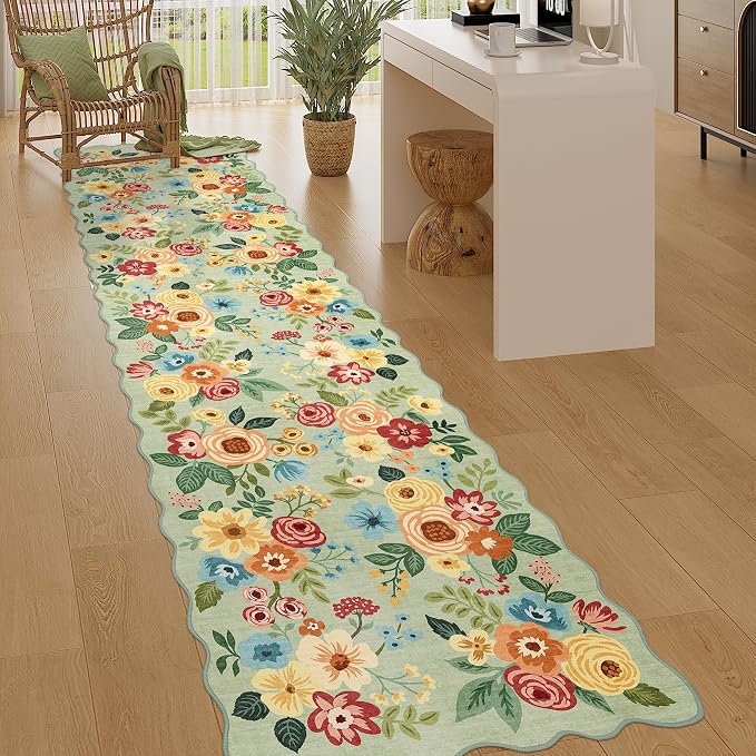 DUKINO 2.6x10 Runner Rug for Hallway, Lightweight Washable Floral Kitchen Rug by DUKINO