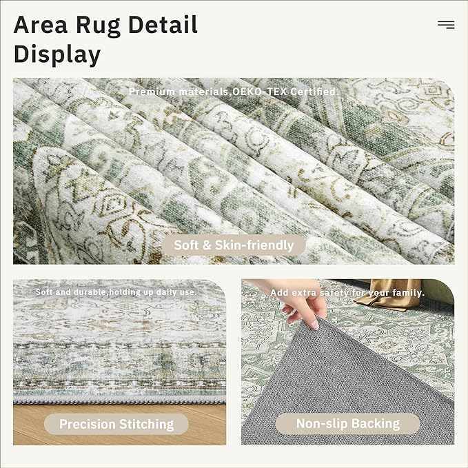Soalmost 5x7 Area Rugs Green/Brown Low Pile Indoor Washable Trendy Faded Style - Image 6
