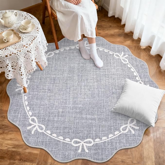 GarveeHome Scalloped Bow Rug for Living Room, 4ft Round Rugs Washable Solid - Image 3