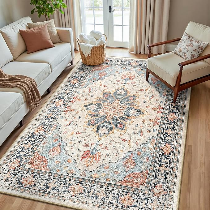RELEANY Area Rugs 5'x8' Washable Non-Slip, Floral Vintage Distress Medallion by RELEANY