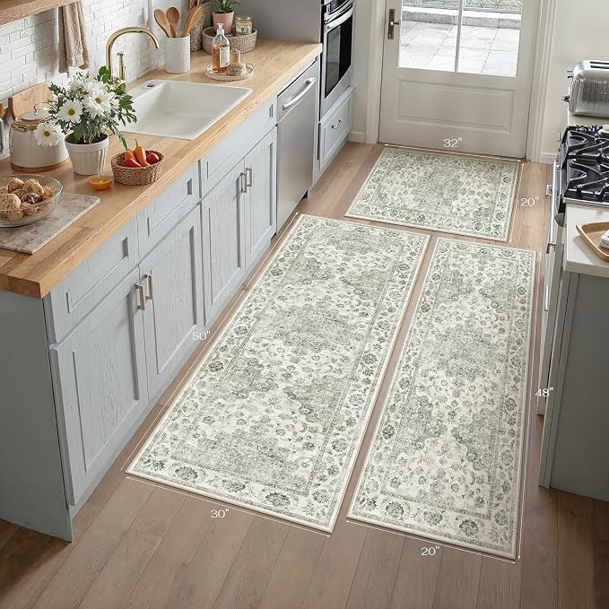 Neutral Kitchen Rug Set of 3 Washable Green Vintage Kitchen Mats - Image 5