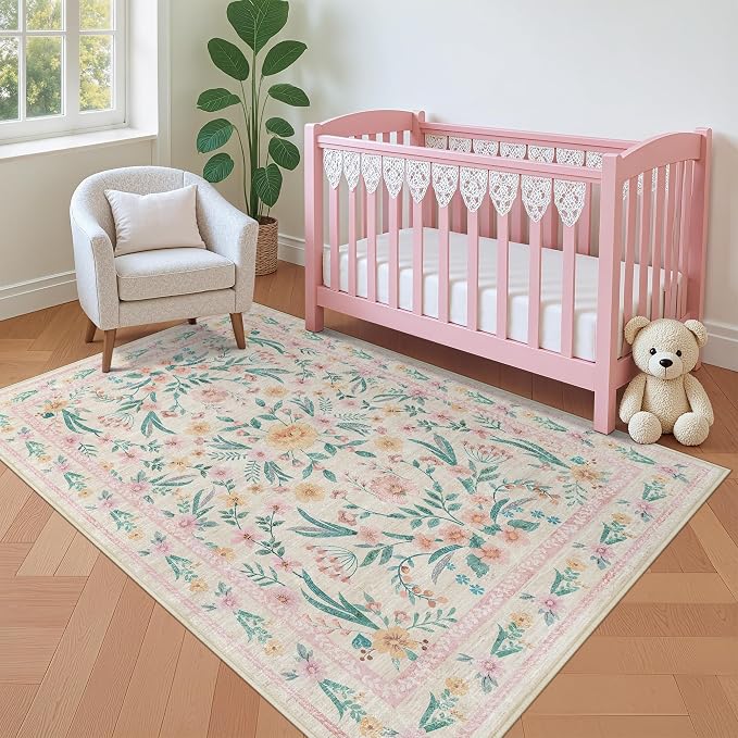 Floral Rug 3X5 for Girls Bedroom or Nursery, Cute Soft Boho Carpet for Kids Room - Image 6