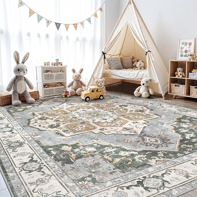 10x12 Washable Area Rug: Vintage Neutral Soft Non Slip Thin Large Floor Carpet - Image 9