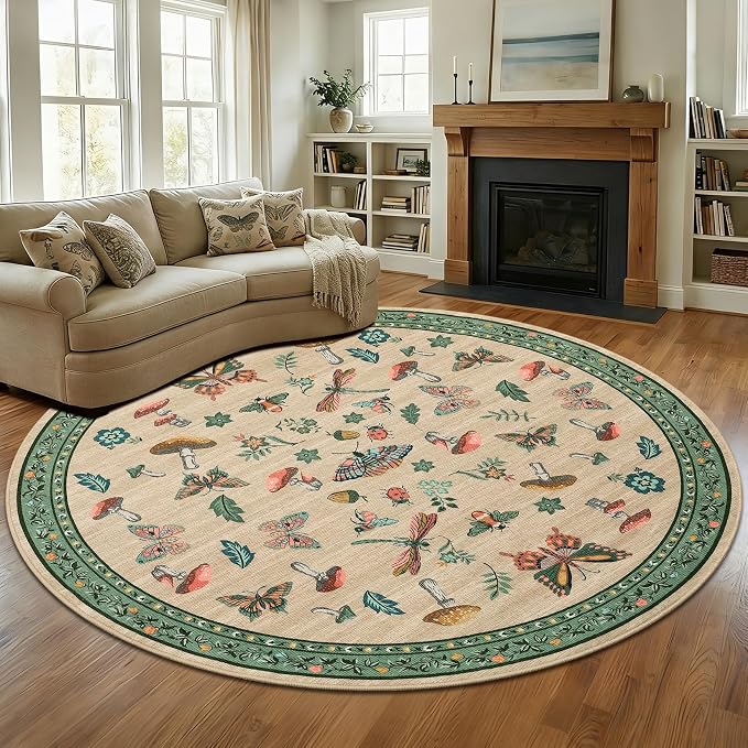 Mushroom Insect 8ft Round Rug Washable Non-Slip Soft Ultra-Thin Large Boho by ROYHOME