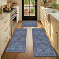 JTJ Dark Blue Kitchen Rugs Set of 3, Non Slip Washable Runner Mats, Vintage by JTJ